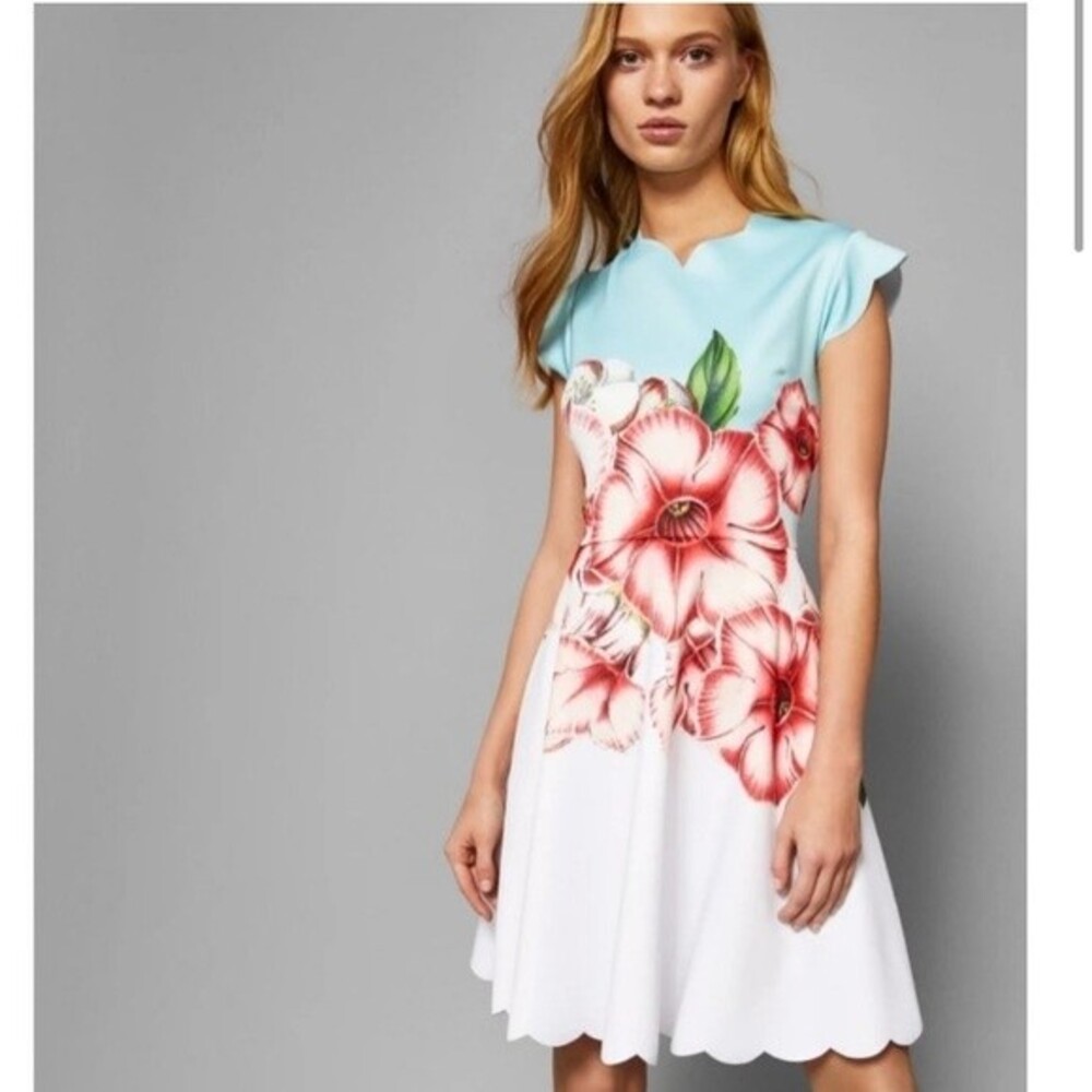 Ted Baker Aqua Bodice White Floral Midi Dress with Pink Flowers - Picture 2 of 12